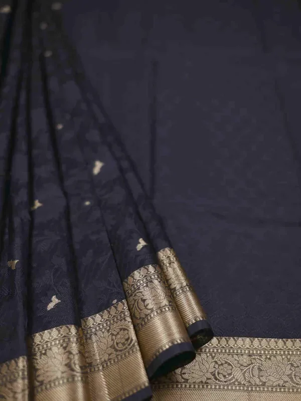 Black with Golden Border Tanchuee work on Kora silk saree