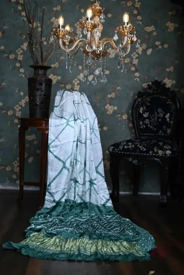 Dark Green and White Clamp Dye Zari anchal Modal Silk Saree