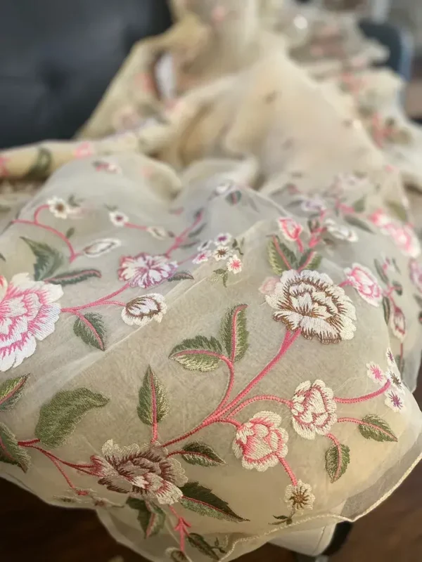 Cream body with flower work border Organza silk saree