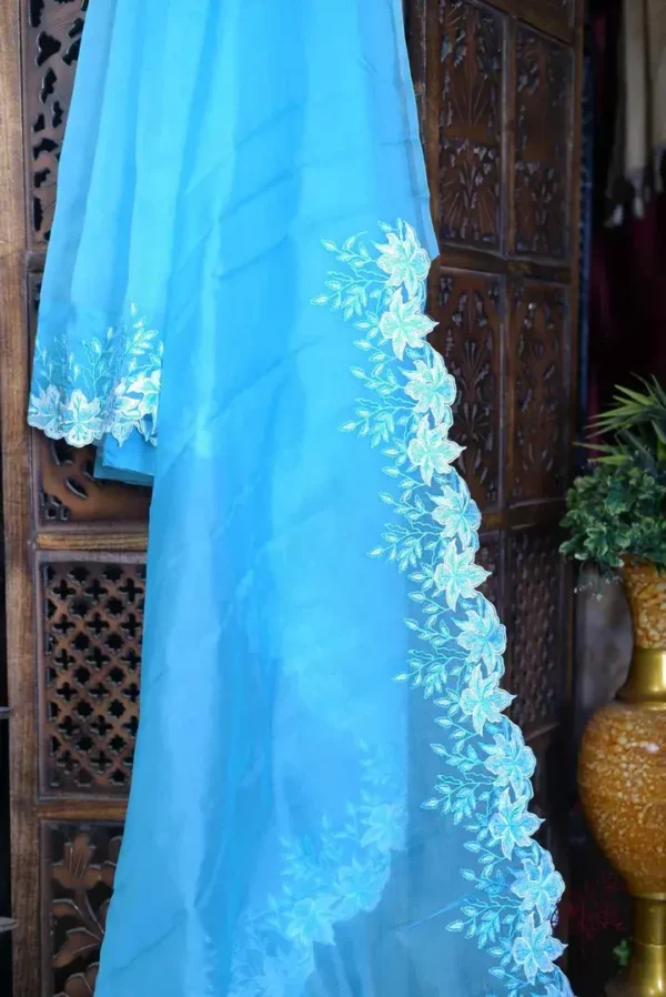 Ocean blue parsi embroidery cut work border Organza silk saree