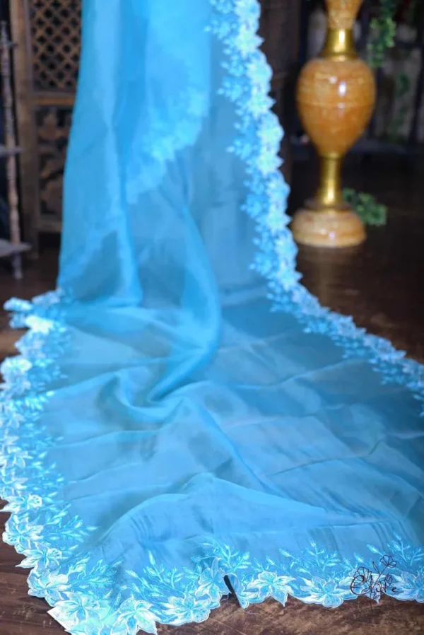 Ocean blue parsi embroidery cut work border Organza silk saree