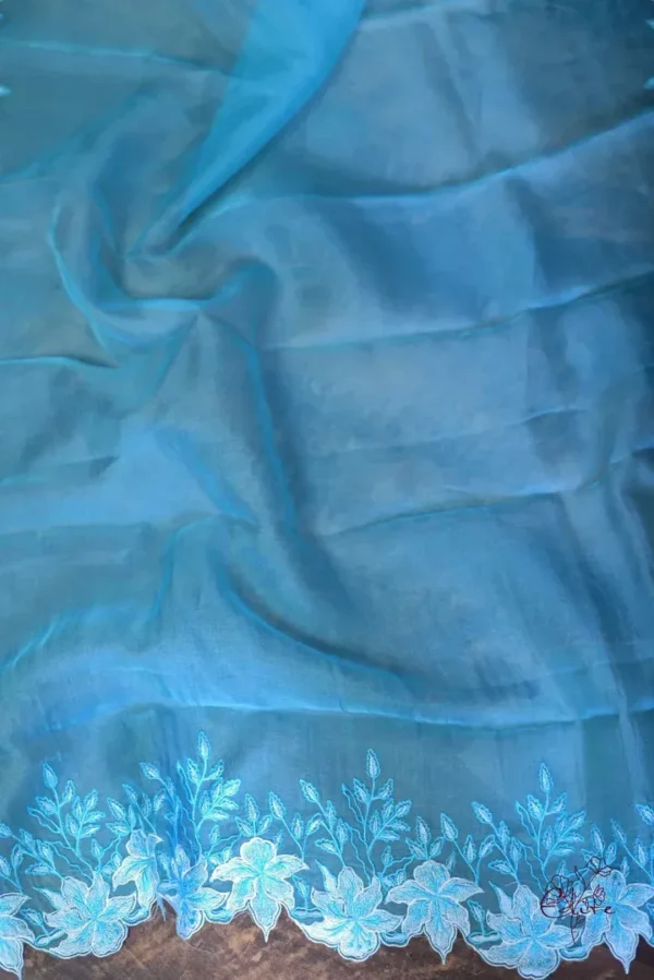Ocean blue parsi embroidery cut work border Organza silk saree