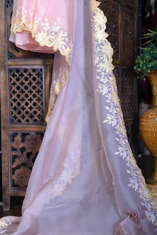 Peach parsi embroidery cut work border Organza silk saree