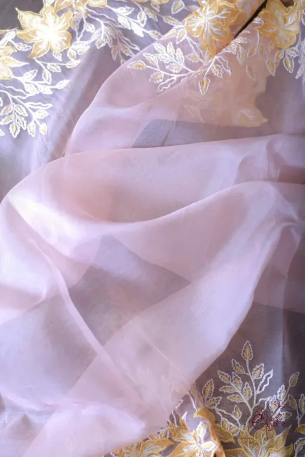 Peach parsi embroidery cut work border Organza silk saree