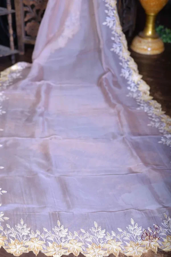 Peach parsi embroidery cut work border Organza silk saree