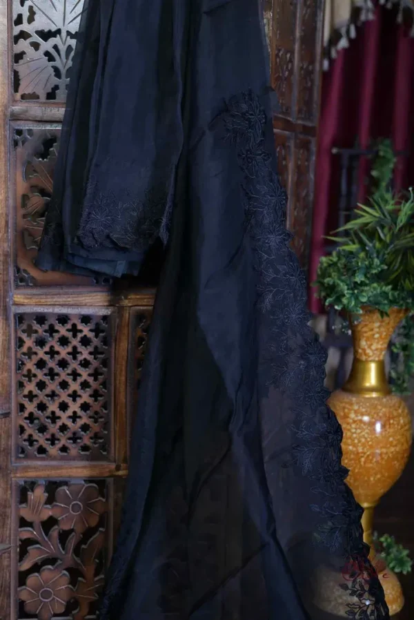 Black parsi embroidery cut work border Organza silk saree