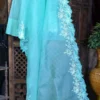 Cyan blue Organza parsi embroidery cut work border Organza silk saree