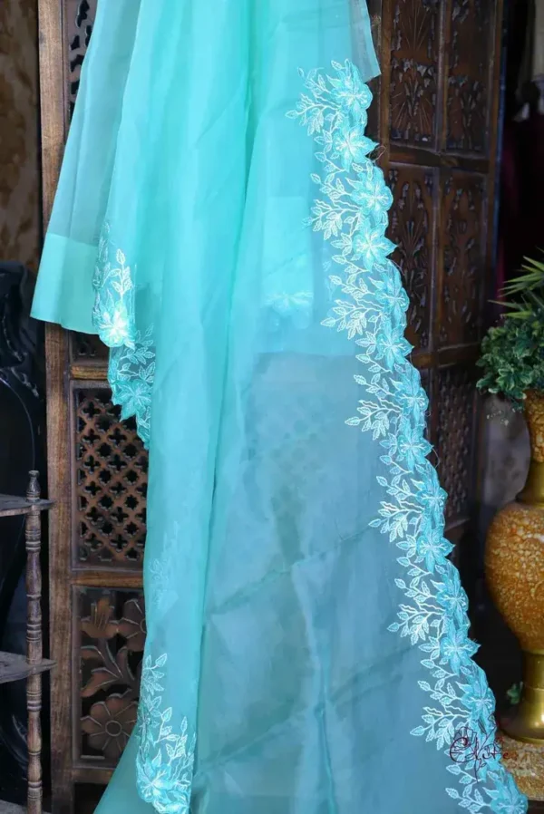 Cyan blue Organza parsi embroidery cut work border Organza silk saree