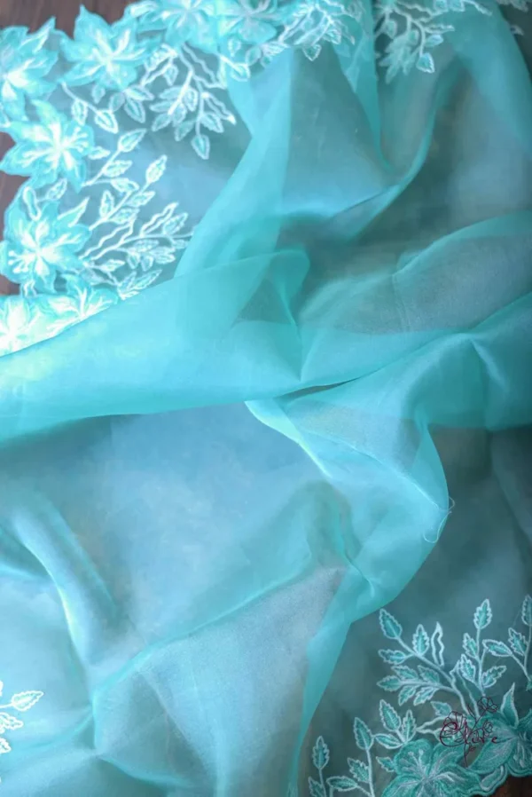 Cyan blue Organza parsi embroidery cut work border Organza silk saree