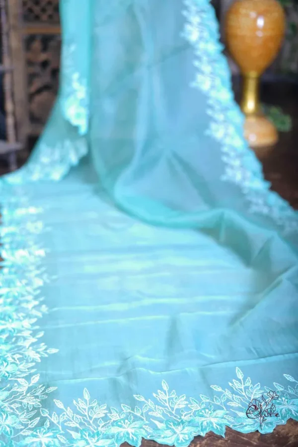 Cyan blue Organza parsi embroidery cut work border Organza silk saree