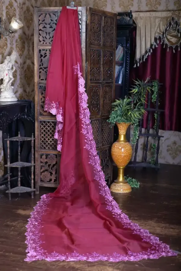 Majenta parsi embroidery cut work border Organza silk saree