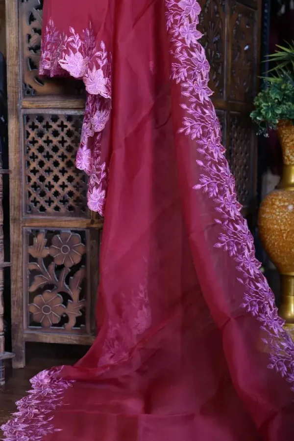 Majenta parsi embroidery cut work border Organza silk saree