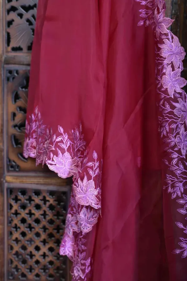 Majenta parsi embroidery cut work border Organza silk saree