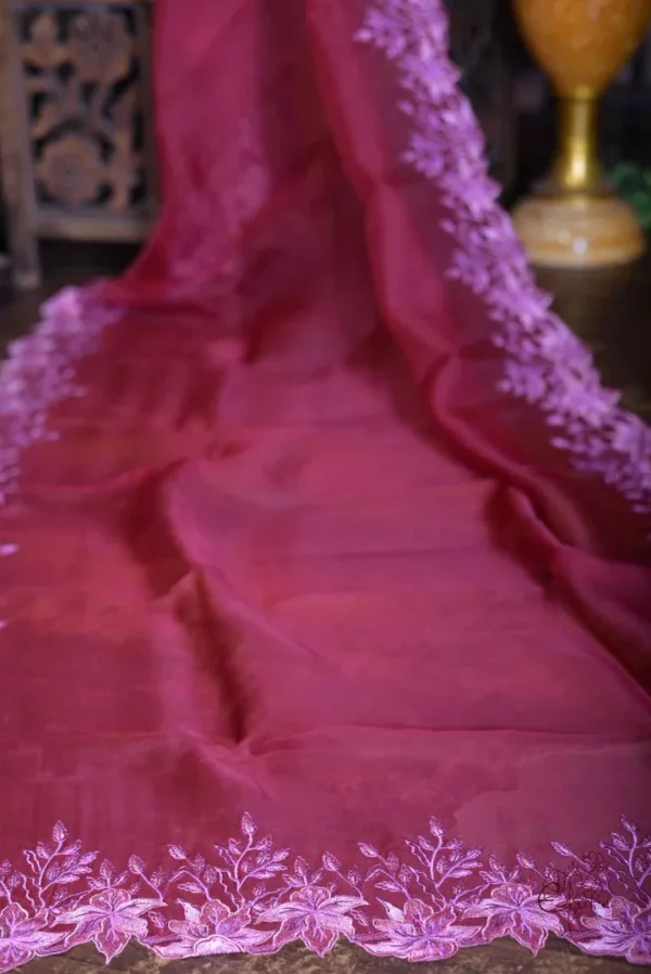 Majenta parsi embroidery cut work border Organza silk saree