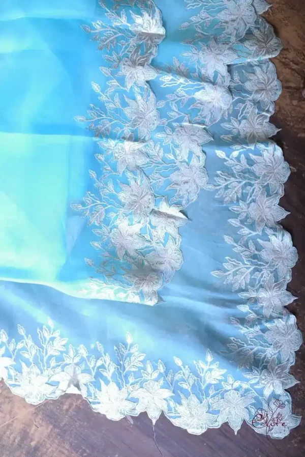 Sky blue parsi embroidery cut work border Organza silk saree