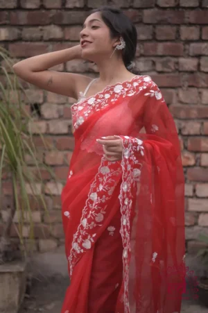 Red with white Embroidery cut work Border on Organza Saree