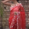 Red with white Embroidery cut work Border on Organza Saree