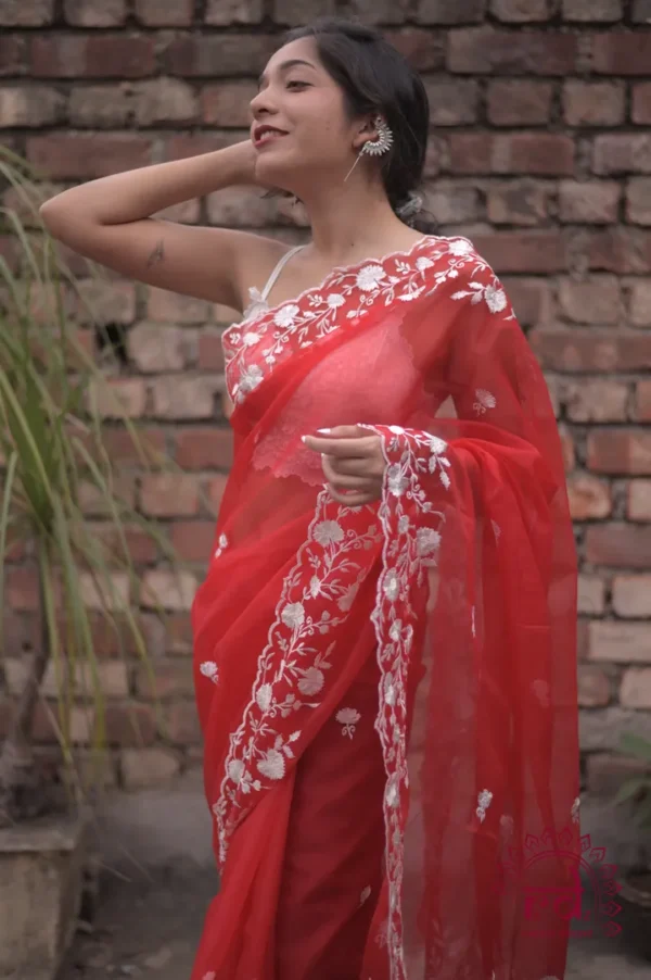 Red with white Embroidery cut work Border on Organza Saree