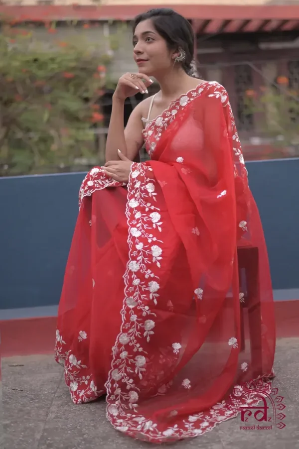 Red with white Embroidery cut work Border on Organza Saree