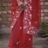Red with white Embroidery cut work Border on Organza Saree