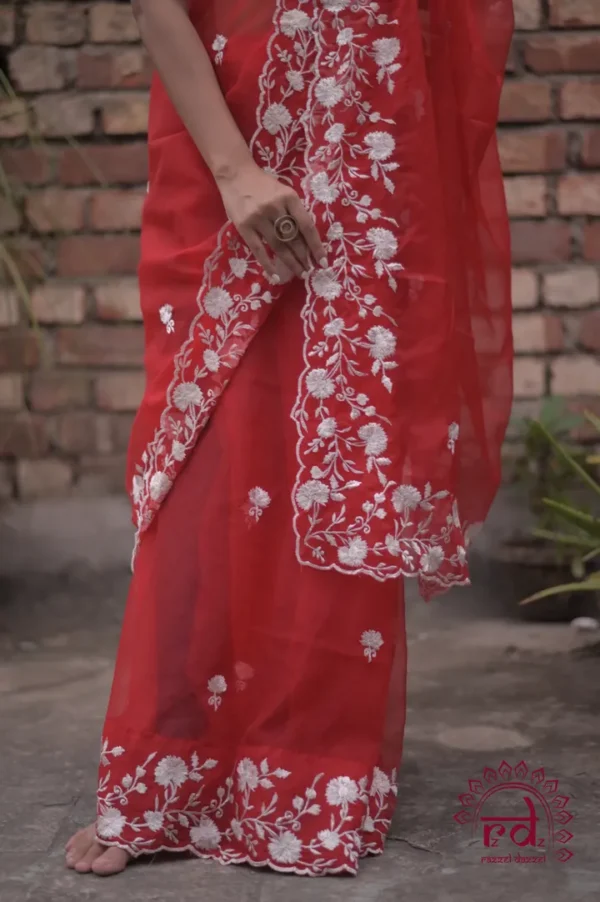 Red with white Embroidery cut work Border on Organza Saree