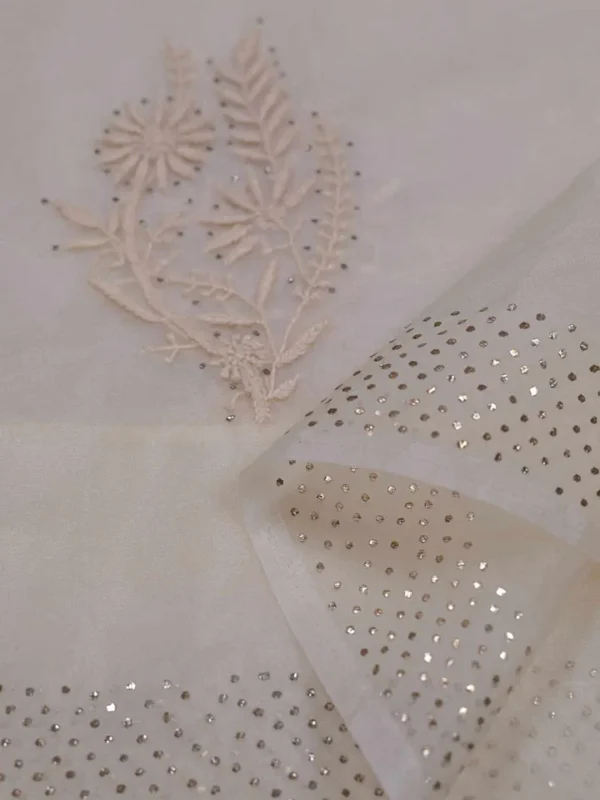 Cream hand embroidery with mukaish work pure Organza saree