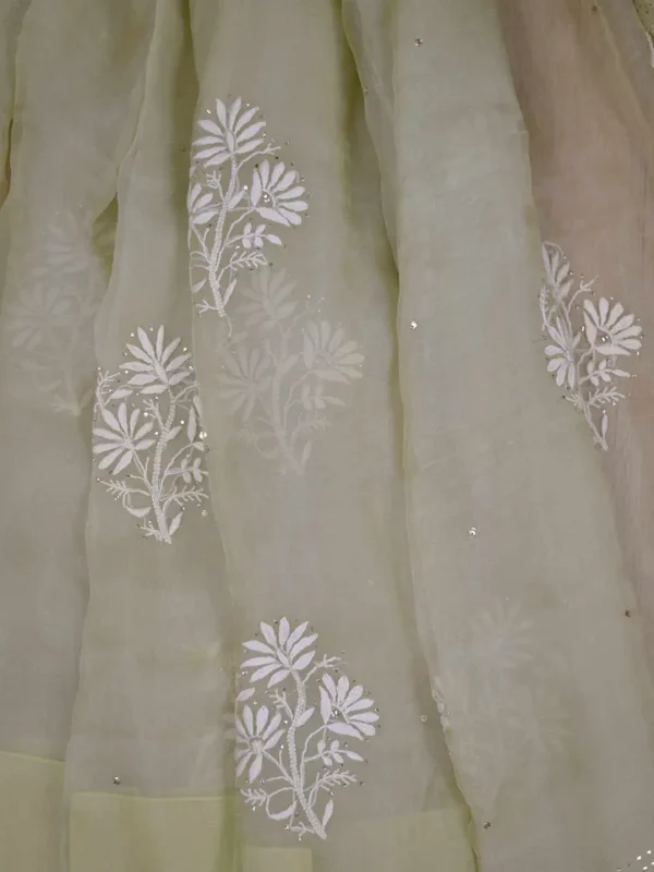 light pesta hand embroidery with mukaish work pure Organza saree