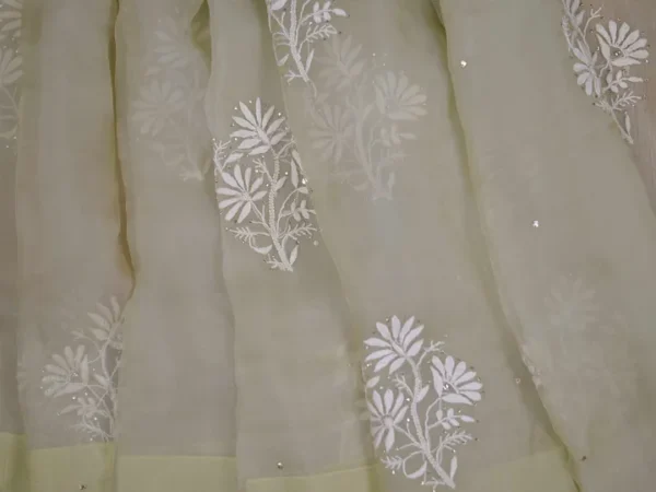 light pesta hand embroidery with mukaish work pure Organza saree