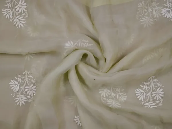 light pesta hand embroidery with mukaish work pure Organza saree