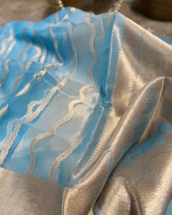 Light blue body with golden zari border on Organza silk saree