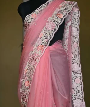 Baby Pink pure Organza Gara embroidery cut work border saree