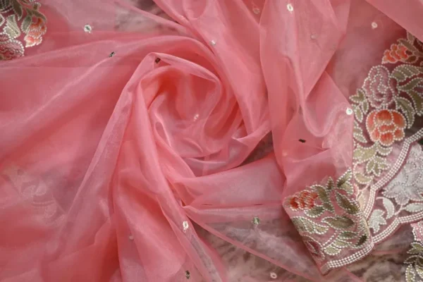 Baby Pink pure Organza Gara embroidery cut work border saree