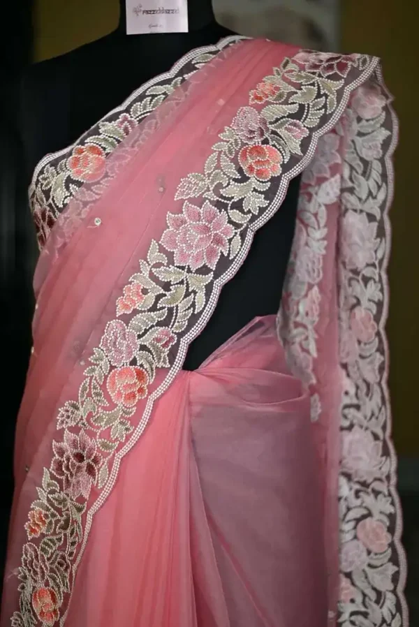 Baby Pink pure Organza Gara embroidery cut work border saree