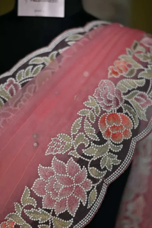 Baby Pink pure Organza Gara embroidery cut work border saree
