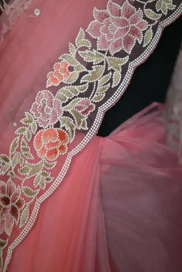 Baby Pink pure Organza Gara embroidery cut work border saree