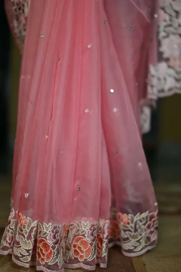 Baby Pink pure Organza Gara embroidery cut work border saree