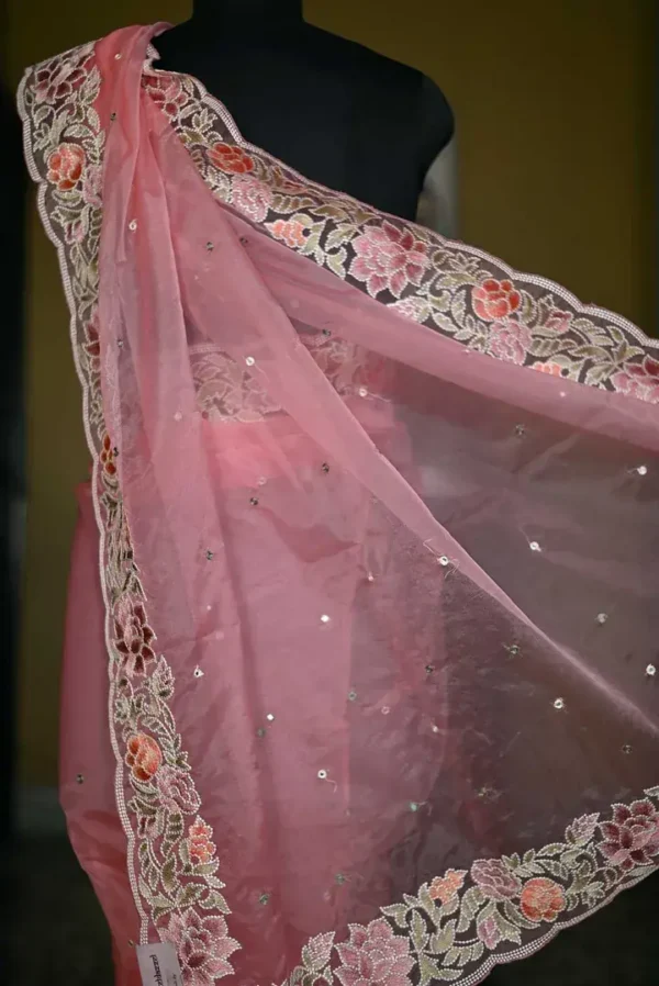 Baby Pink pure Organza Gara embroidery cut work border saree