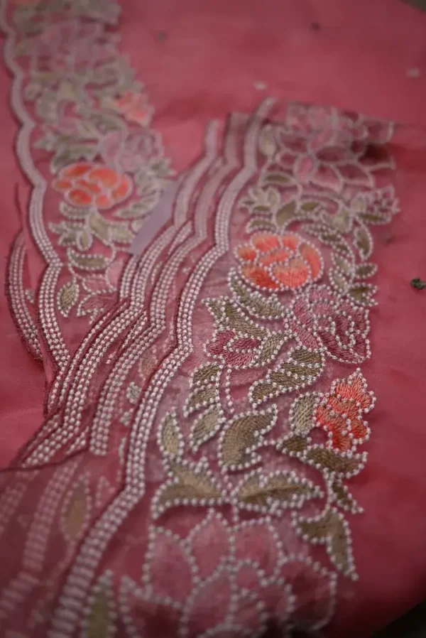 Baby Pink pure Organza Gara embroidery cut work border saree