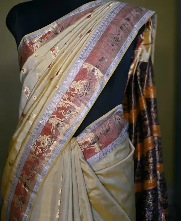 Biscuit on Red n Golden Zari work n Red anchal Baluchuri Pure Silk saree
