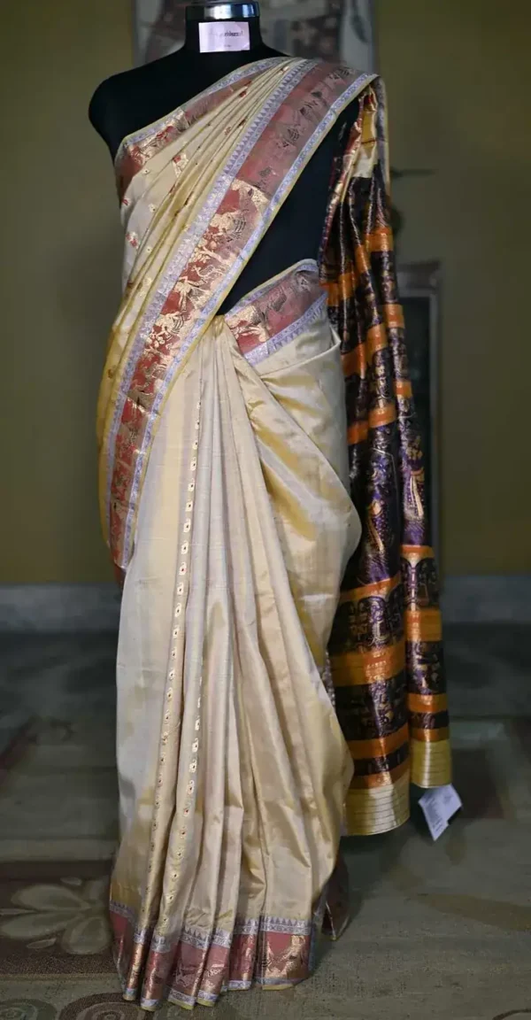 Biscuit on Red n Golden Zari work n Red anchal Baluchuri Pure Silk saree