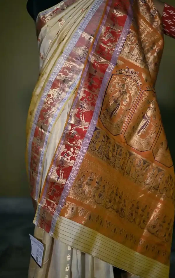 Biscuit on Red n Golden Zari work n Red anchal Baluchuri Pure Silk saree