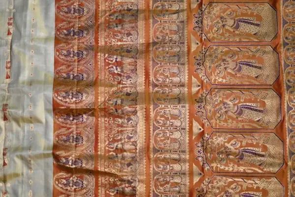 Biscuit on Red n Golden Zari work n Red anchal Baluchuri Pure Silk saree