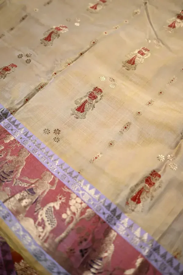 Biscuit on Red n Golden Zari work n Red anchal Baluchuri Pure Silk saree