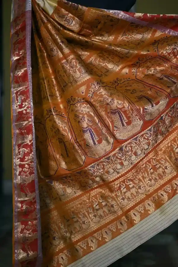Biscuit on Red n Golden Zari work n Red anchal Baluchuri Pure Silk saree