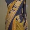 Mustard yellow on Black Hand Batik Print Pure silk saree