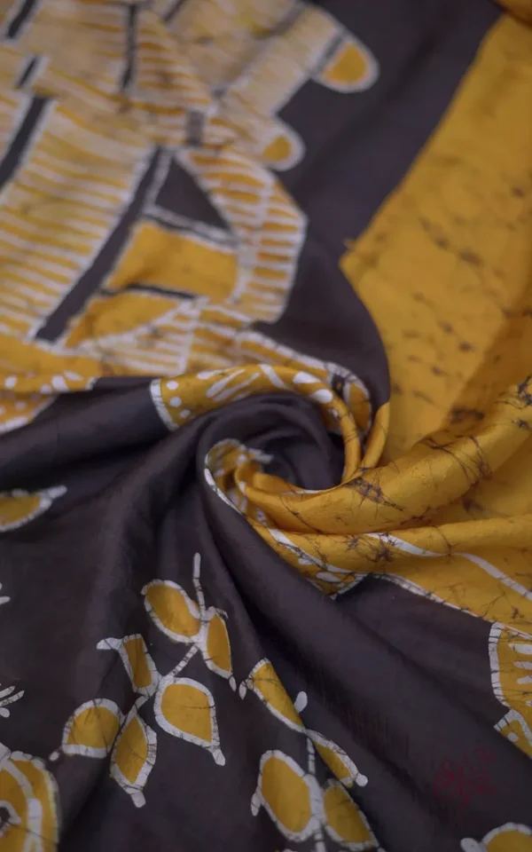 Mustard yellow on Black Hand Batik Print Pure silk saree