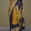 Mustard yellow on Black Hand Batik Print Pure silk saree