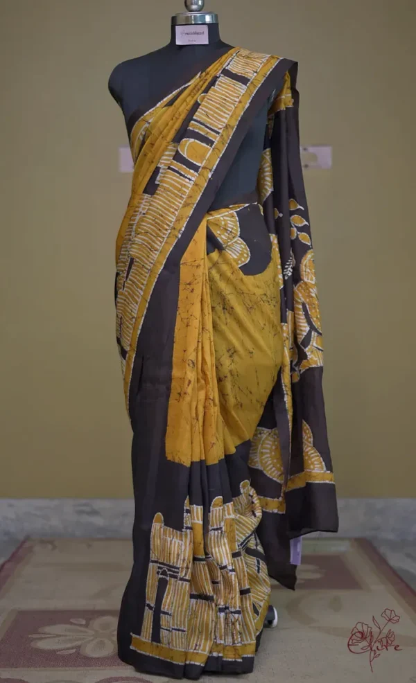 Mustard yellow on Black Hand Batik Print Pure silk saree