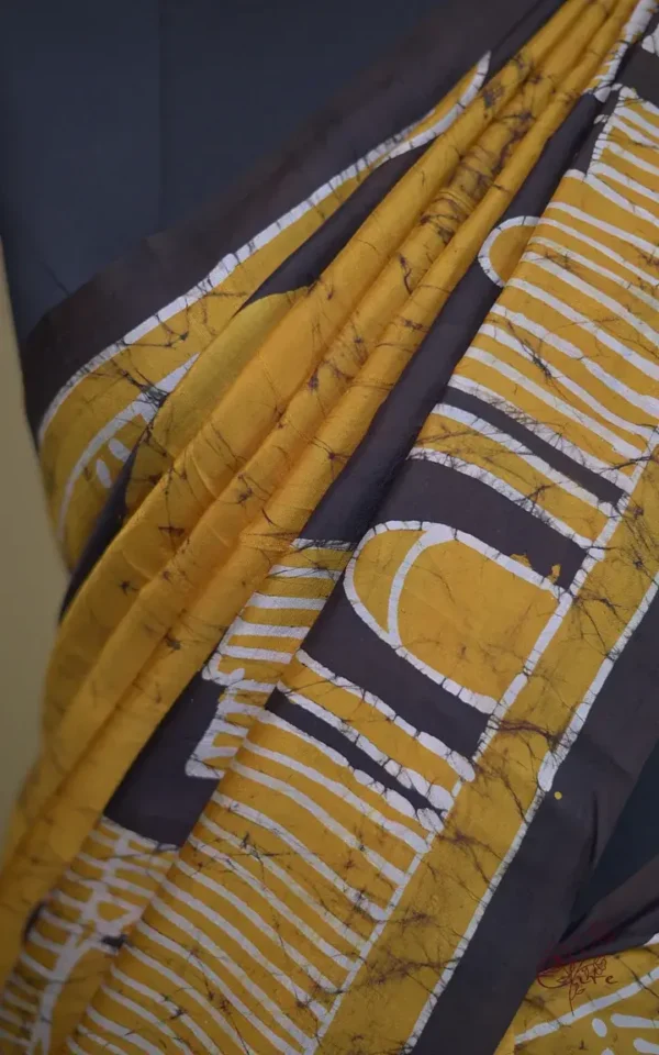 Mustard yellow on Black Hand Batik Print Pure silk saree