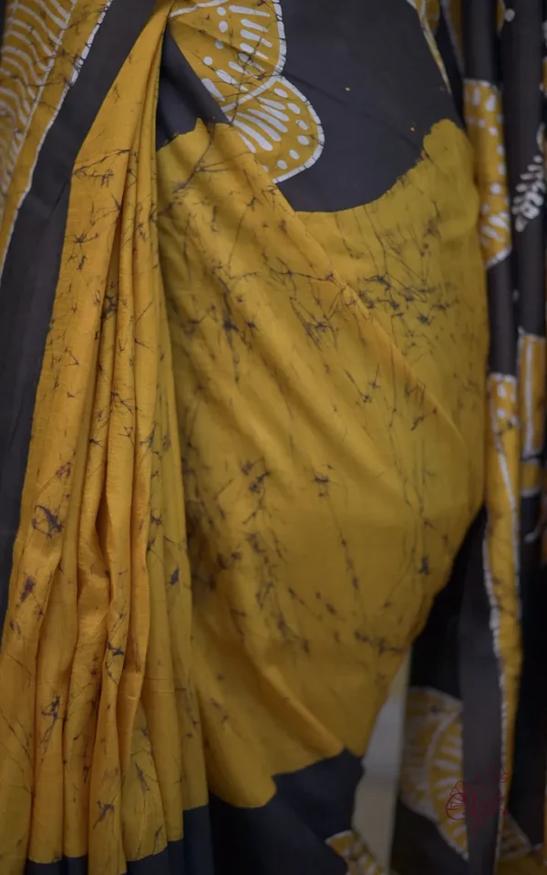 Mustard yellow on Black Hand Batik Print Pure silk saree